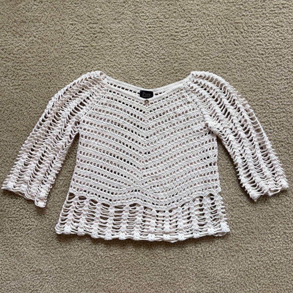 Pure Handknit Open Knit Sweater Cream Crochet Boho Top NO size tag S/M